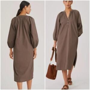 Brown Cotton‎ Bohemian Minimalist Oversized Midi Dress Loose Fit Pockets Small